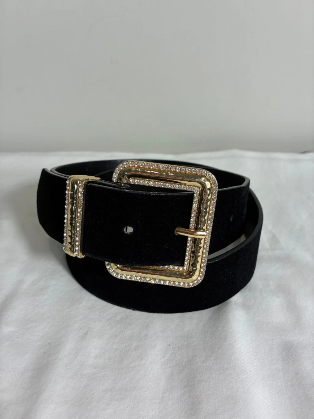 Zara Womens belt 41” long Black velvet with Gold buckle rhinestones glam bling